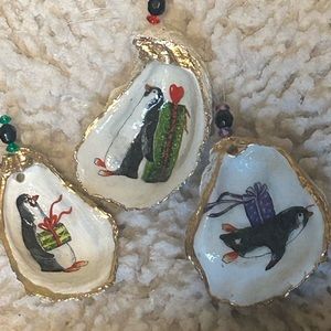 Oyster shell Christmas ornaments set of 3 penguins